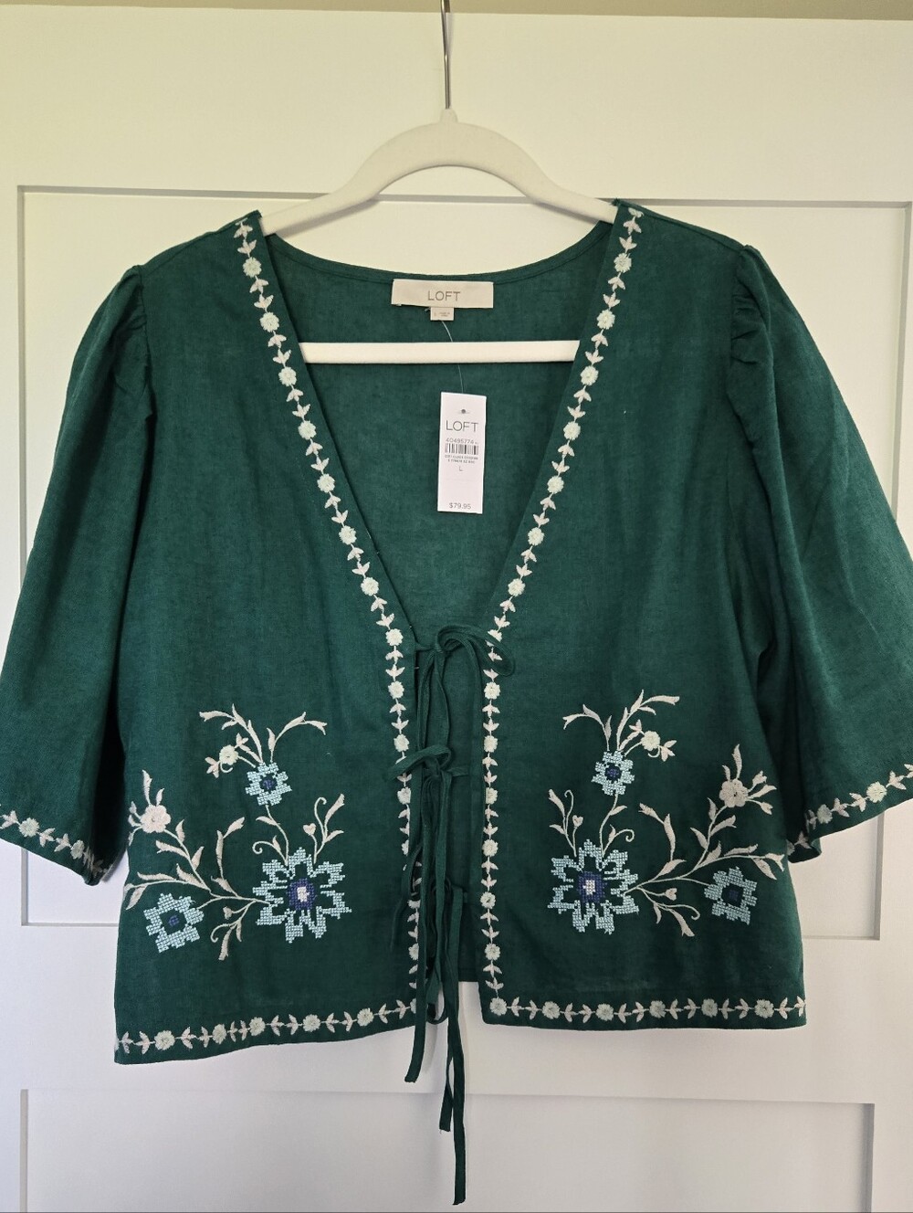 LOFT Floral Linen Cotton Bow Blouse | Evergreen | Size L - Picture 4 of 7